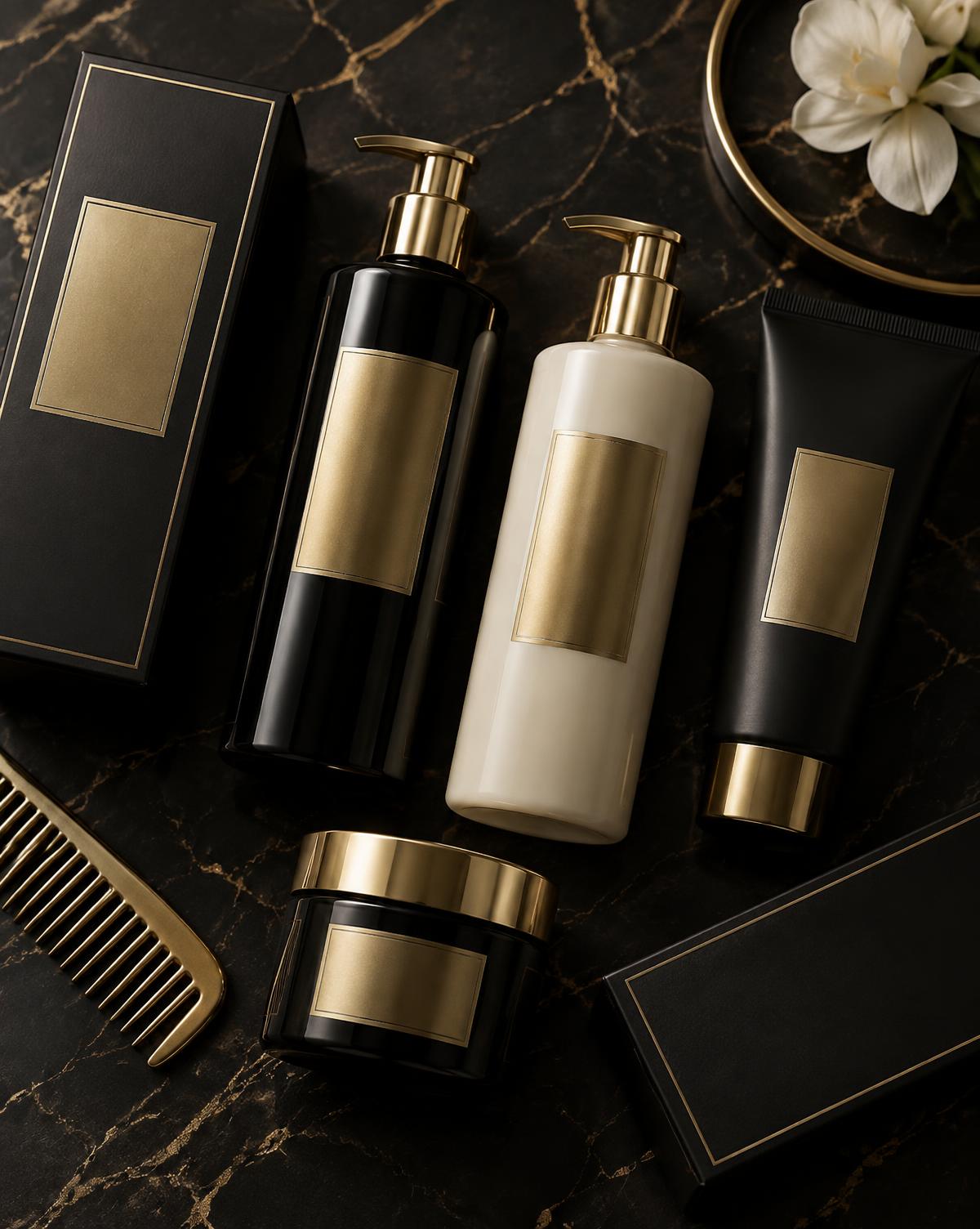 Premium hair care packaging styled on dark marble